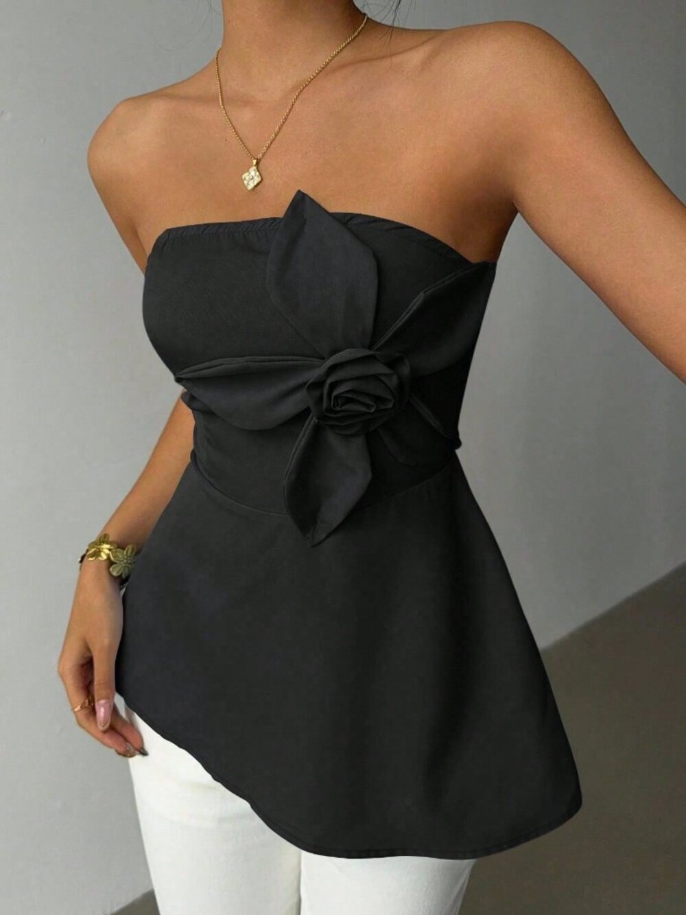 Black Casual Women's Elegant 3d Floral Asymmetrical Hem Tube Top Bow Top